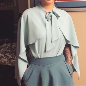 Cape Sleeve Bowknot Top in Light Blue